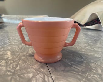 Vintage Hazel-Atlas Moderntone Pink Platonite Sugar Bowl | Art Deco Depression Era Ribbed Milk Glass | 1930s Dusty Rose Double Handle
