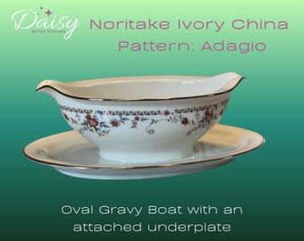 Vintage Noritake Adagio Oval Gravy Boat with Attached Underplate – Ivory China