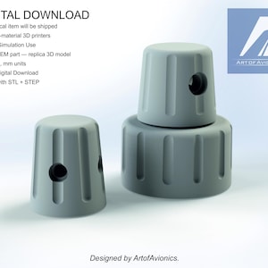 Puede incluir: Tres perillas grises cilíndricas impresas en 3D con ranuras verticales y un agujero central. Las perillas están apiladas, una encima de las otras dos. La imagen incluye el texto "DESCARGA DIGITAL" y "ART OF AVIONICS".