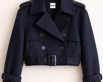 Navy Blue Cropped Trench Coat | Short Belted Wool Jacket