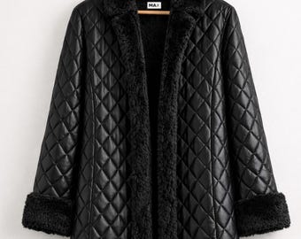 Black Quilted Leather Coat Faux Fur Lined Long Winter Jacket