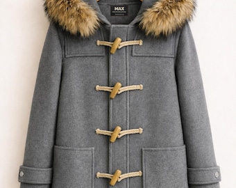 Luxury Grey Duffle Coat With Brown Fur Hood by MaxJacket Warm Wool Toggle Jacket