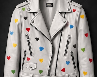 White Leather Biker Jacket with Colorful Hearts Women Punk Moto Coat