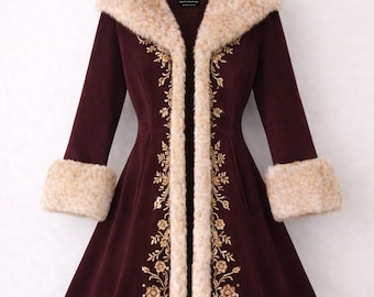 Burgundy Faux Fur Coat Gold Embroidered Maroon Victorian Jacket