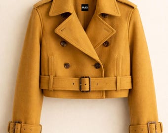 Mustard Cropped Trench Coat Women | Belted Short Wool Jacket