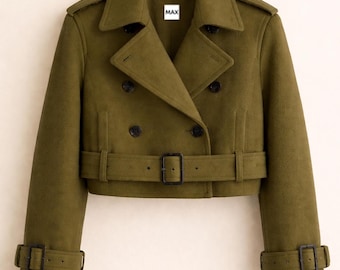 Olive Green Cropped Trench Jacket for Women – Belted Wool Coat