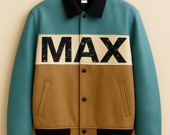 Max Leather Bomber Jacket: Retro Teal & Brown Varsity Style with Black Collar
