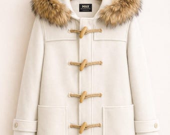 Luxury Ivory Duffle Coat With Brown Fur Hood by MaxJacket Cream Wool Toggle Jacket