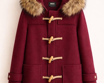 Luxury Maroon Duffle Coat With Brown Fur Hood Winter Wool Toggle Overcoat by MaxJacket