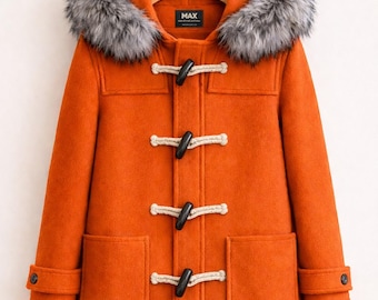 Luxury Orange Duffle Coat With Gray Fur Hood by MaxJacket Winter Wool Toggle Overcoat
