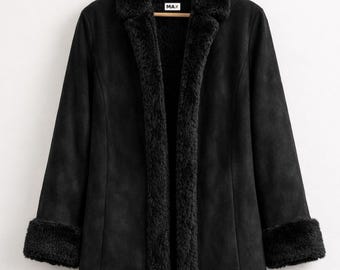 Black Suede Shearling Coat | Faux Fur Lined Winter Long Jacket