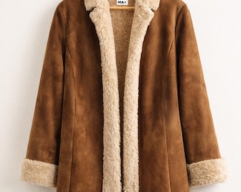 Brown Suede Shearling Coat | Faux Fur Lined Winter Long Jacket
