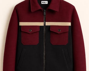 Men's Maroon Black Wool Jacket | Color Block Winter Coat