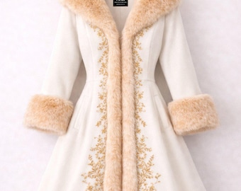 Off White Faux Fur Coat Gold Embroidered Women Christmas Victorian Winter Jacket