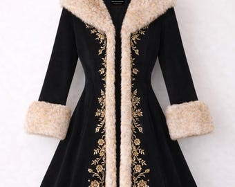 Black Fur Coat Women Gold Embroidered Victorian Winter Holiday Jacket