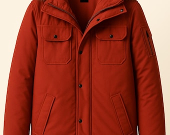May include: A red winter parka with a faux fur-trimmed hood. The jacket features multiple pockets, a zipper closure, and the word "MAX" on a label. The parka is hanging on a wooden hanger.