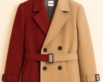 Maroon & Beige Color Block Wool Trench Coat – Double Breasted Belted Coat