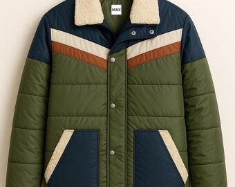 Color Block Puffer Jacket with Sherpa Collar MAX Retro Winter Coat