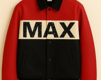 MAX Varsity Leather Jacket Men's Red Black Retro Streetwear Coat