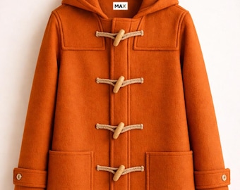 Orange Wool Duffle Coat Unisex Hooded Toggle Winter Jacket