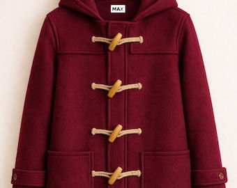 Maroon Wool Duffle Coat Unisex Burgundy Hooded Toggle Jacket – Stylish & Warm Winter Outerwear