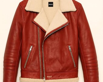 Vintage Red Shearling Leather Jacket – Handmade Winter Aviator Coat