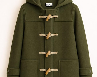 Olive Green Duffle Coat Wool Hooded Toggle Classic Winter Jacket