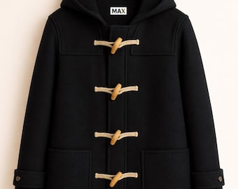 Vintage Black Duffle Coat Wool Hooded Toggle Overcoat
