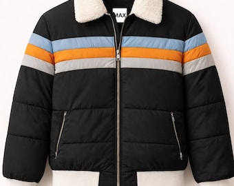 Retro Black Striped Puffer Jacket Sherpa Collar Warm Winter Coat