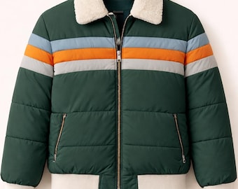 Retro Green Striped Puffer Jacket Sherpa Collar Coat By MaxJacket