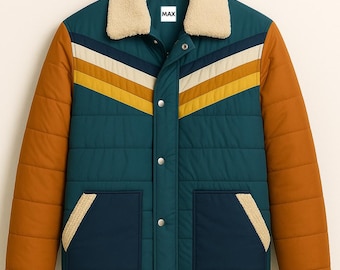 Retro Colorblock Puffer Jacket with Sherpa Collar – Winter Wear by MaxJacket