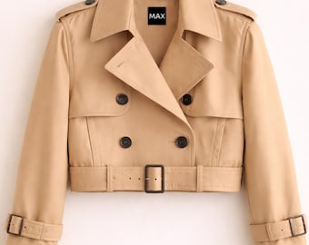 Beige Cropped Trench Jacket for Women – Belted Cotton Coat