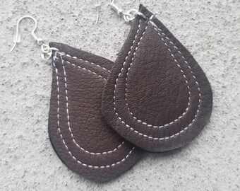 Brown Organic Drop Leather Earrings E2007