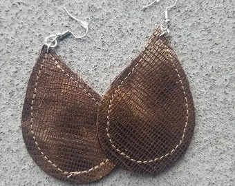 Bronze Shimmer Organic Drop Leather Earrings E2002