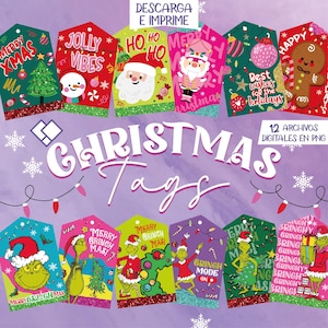 Peut inclure: Ensemble d'étiquettes de Noël colorées avec divers motifs festifs. Les étiquettes présentent des images du Père Noël, de bonhommes de neige, de bonhommes en pain d'épices et du Grinch, avec des textes tels que "Merry Xmas" et "Jolly Vibes". Le texte "Christmas Tags" est affiché.