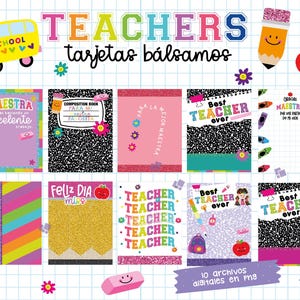 Puede incluir: Una colección de tarjetas digitales coloridas con temática de profesores con varios diseños. Las tarjetas presentan frases como "Best Teacher Ever" y "Feliz Dia Miss", junto con gráficos relacionados con la escuela, como un autobús escolar, una manzana y un lápiz. También está presente el texto "TEACHERS tarjetas bálsamos".