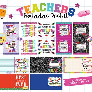 Puede incluir: Una colección de diseños digitales coloridos con temática de profesores, que incluyen gráficos de "Best Teacher Ever" y "Gracias Maestra". Los diseños presentan autobuses escolares, lápices, manzanas y fondos de papel de cuaderno, perfectos para el aula.