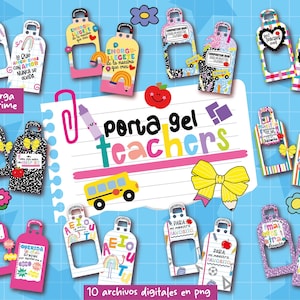 Puede incluir: Una colección de etiquetas de regalo imprimibles y coloridas para profesores. Las etiquetas presentan varios diseños, incluyendo arcoíris, manzanas y autobuses escolares, con texto en español. También se ven las palabras "Porta gel Teachers".