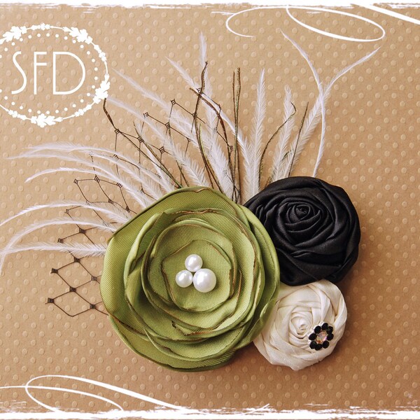 Vintage Black, Cream, and Green Lollipop Flower and Rosette Headband OR Clip