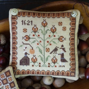 May include: Cross-stitch sampler with the text "PLUM STREET SAMPLERS" and "Goodness and Thanks". The design features a tree with birds and figures, surrounded by a decorative border. The sampler is displayed with acorns.
