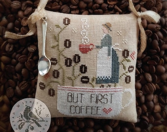 WITH THY NEEDLE Coffee First! Optional Silver Spoon Charm counted cross stitch patterns at thecottageneedle.com