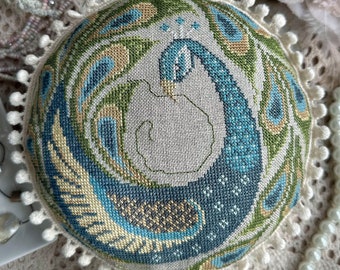 Ships in May! New! COTTAGE GARDEN SAMPLINGS Peacock Pin Cushion counted cross stitch patterns at thecottageneedle.com