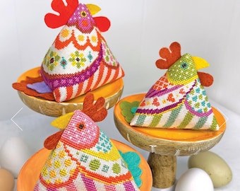 NEW! SATSUMA STREET Funky Chickens counted cross stitch patterns at thecottageneedle.com