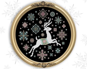 PDF DOWNLOAD Snowflake Reindeer digital counted cross stitch patterns by Kitty & Me at thecottageneedle.com Winter snowfall Christmas