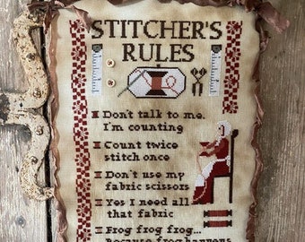 New! PRIMITIVE HARE Stitcher's Rules counted cross stitch patterns at cottageneedle.com Nashville Market 2023
