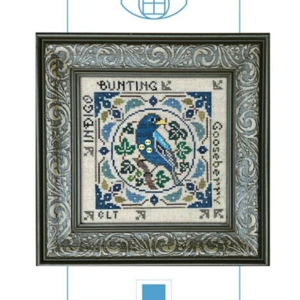 TELLIN EMBLEM Indigo Bunting Birdie & Berries series Includes Buttons counted cross stitch patterns at thecottageneedle.com