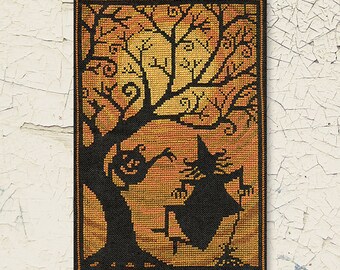 TERESA KOGUT Moondance counted cross stitch patterns at thecottageneedle.com folk art October jack-o-lantern witch shadow moon