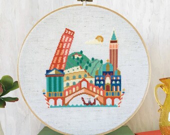 SATSUMA STREET Pretty Little Italy counted cross stitch patterns Pantheon Colosseum Tower of Pisa Barcelona Venice embroidery wall art