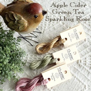 May include: Three spools of embroidery floss in the colors apple cider, green tea, and sparkling rose. The spools are labeled with the Classic Colorworks logo and the color names. The text "Classic Colorworks New 2025!" is printed below the spools.
