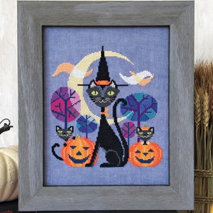 SATSUMA STREET Halloween Cat counted cross stitch patterns at cottageneedle.com black cat jack-o-lantern mid-century modern wall art